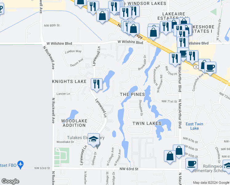 map of restaurants, bars, coffee shops, grocery stores, and more near 7210 Kings Manor Court in Oklahoma City