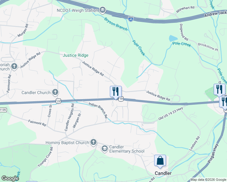 map of restaurants, bars, coffee shops, grocery stores, and more near 1777 Smokey Park Highway in Candler