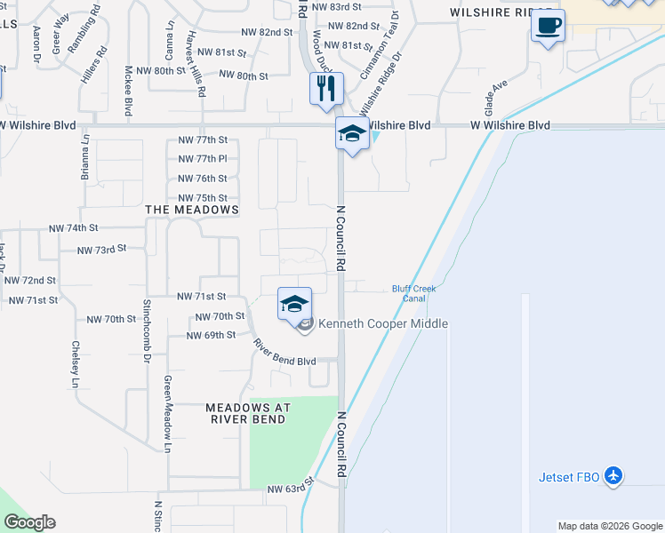 map of restaurants, bars, coffee shops, grocery stores, and more near 7303 North Council Road in Oklahoma City