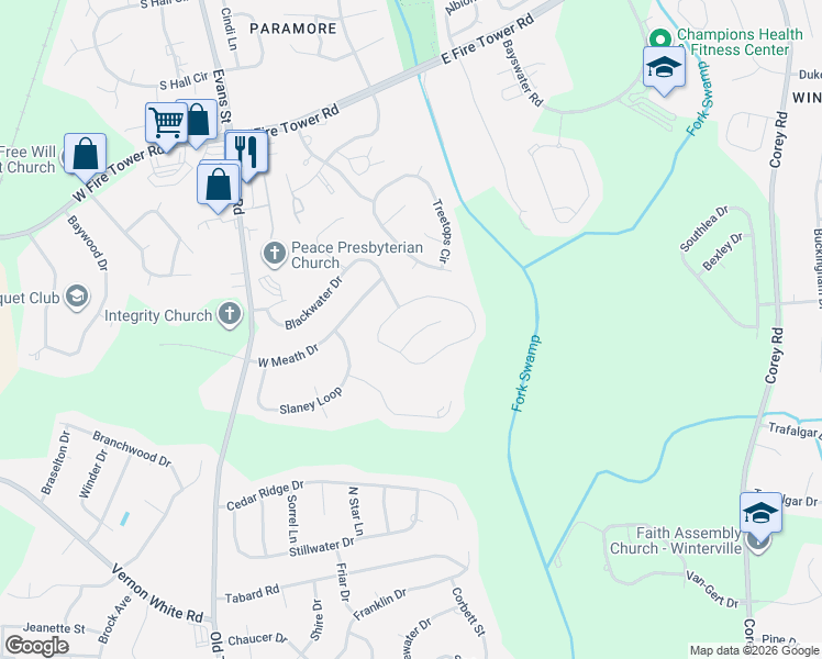map of restaurants, bars, coffee shops, grocery stores, and more near 305 Boyne Way in Winterville