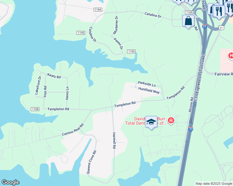 map of restaurants, bars, coffee shops, grocery stores, and more near 264 Templeton Rd in Mooresville