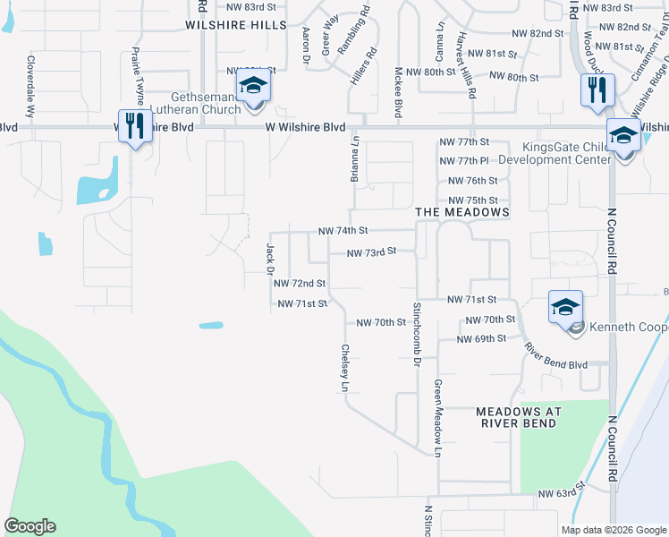 map of restaurants, bars, coffee shops, grocery stores, and more near 7304 Chelsey Lane in Oklahoma City