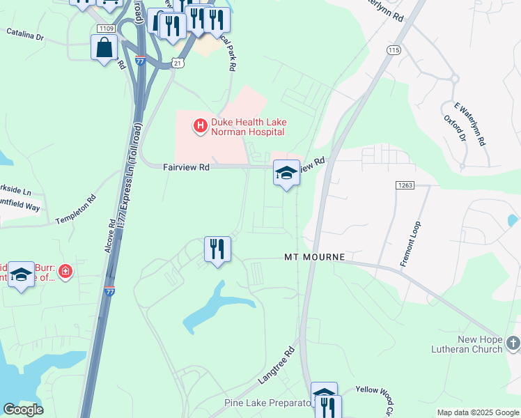 map of restaurants, bars, coffee shops, grocery stores, and more near 121 Village Green Lane in Mooresville