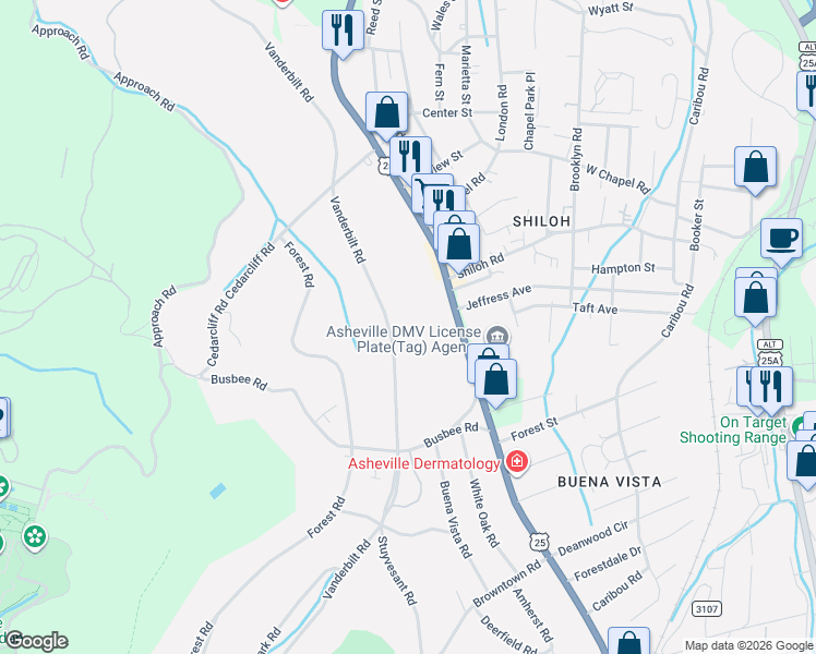 map of restaurants, bars, coffee shops, grocery stores, and more near 334 Vanderbilt Road in Biltmore Forest