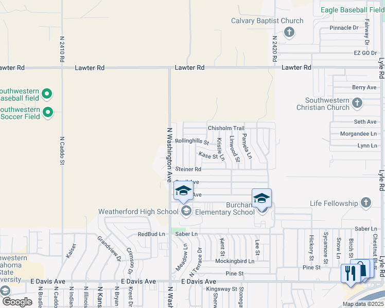 map of restaurants, bars, coffee shops, grocery stores, and more near 1819 Suzanne Drive in Weatherford