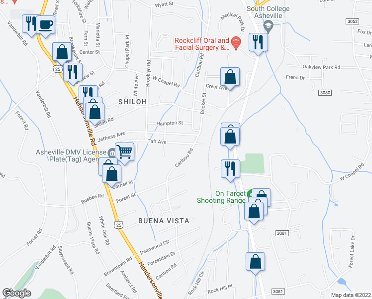 map of restaurants, bars, coffee shops, grocery stores, and more near 536 Caribou Road in Asheville