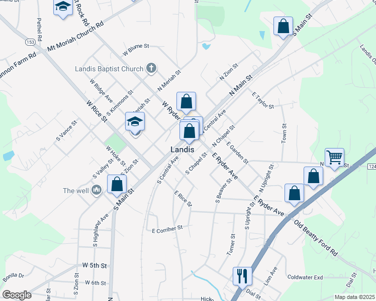 map of restaurants, bars, coffee shops, grocery stores, and more near 139 South Central Avenue in Landis
