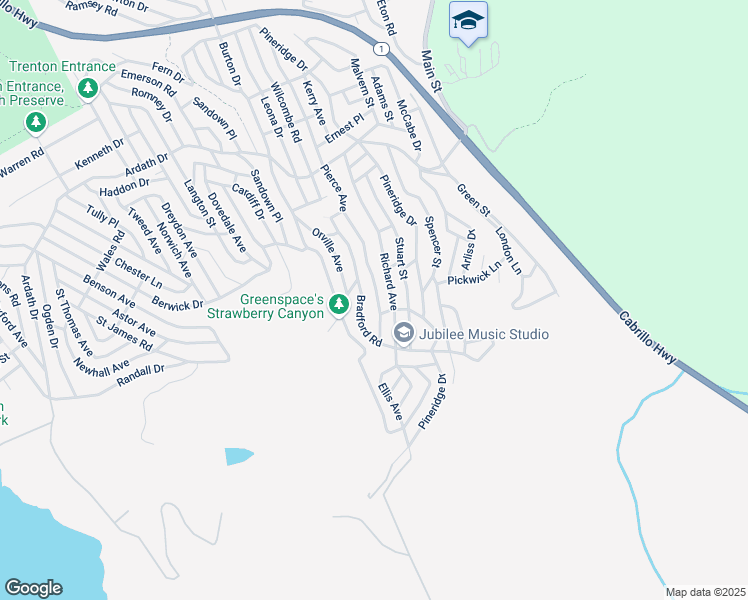 map of restaurants, bars, coffee shops, grocery stores, and more near 1603 Pierce Ave in Cambria