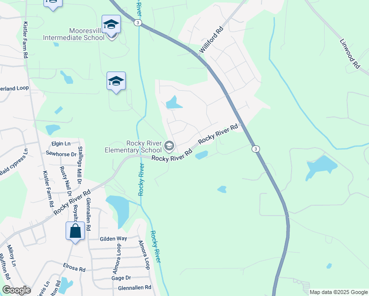 map of restaurants, bars, coffee shops, grocery stores, and more near 123 W Americana Drive in Mooresville