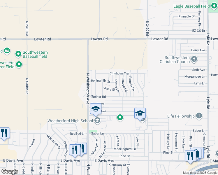map of restaurants, bars, coffee shops, grocery stores, and more near 1413 Kase Street in Weatherford