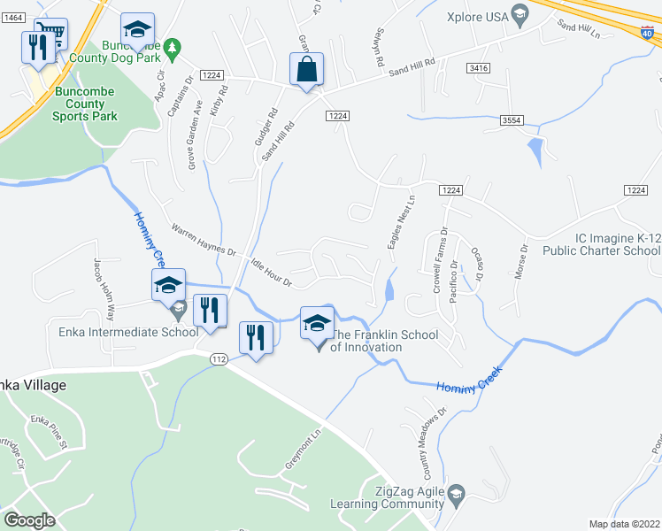 map of restaurants, bars, coffee shops, grocery stores, and more near 2604 Sagamore Lane in Asheville