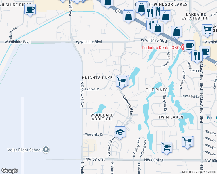 map of restaurants, bars, coffee shops, grocery stores, and more near 6817 Lancer Lane in Oklahoma City