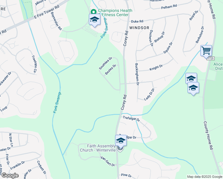 map of restaurants, bars, coffee shops, grocery stores, and more near 4309 Southlea Drive in Winterville