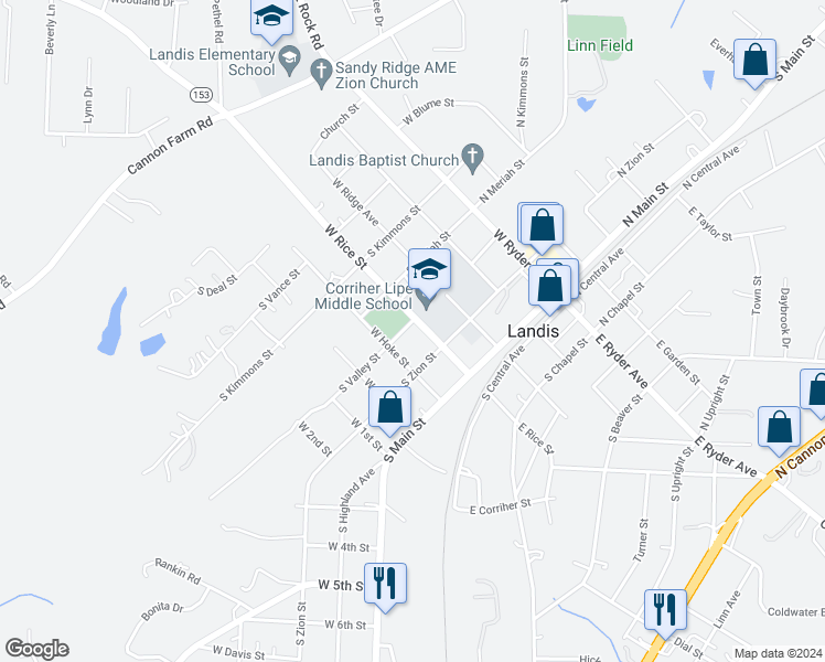 map of restaurants, bars, coffee shops, grocery stores, and more near 214 West Hoke Street in Landis