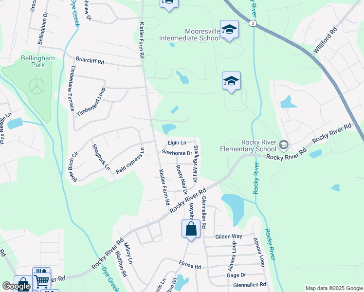 map of restaurants, bars, coffee shops, grocery stores, and more near 134 Elgin Lane in Mooresville