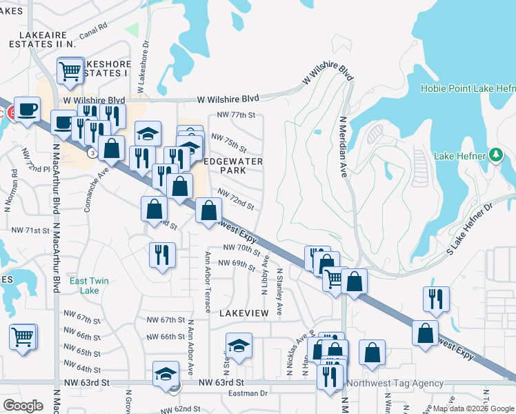 map of restaurants, bars, coffee shops, grocery stores, and more near 4703 Northwest 72nd Street in Oklahoma City