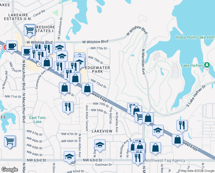 map of restaurants, bars, coffee shops, grocery stores, and more near 4703 Northwest 72nd Street in Oklahoma City