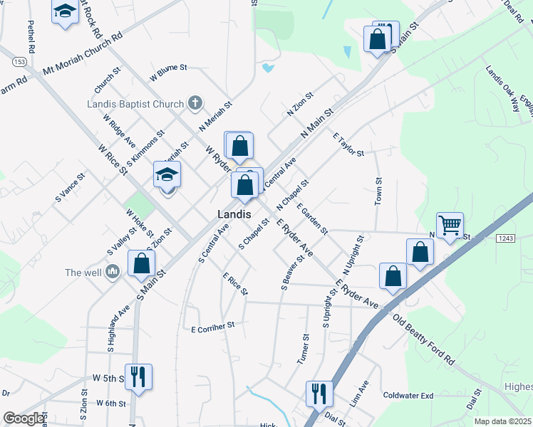 map of restaurants, bars, coffee shops, grocery stores, and more near 300 East Ryder Avenue in Landis