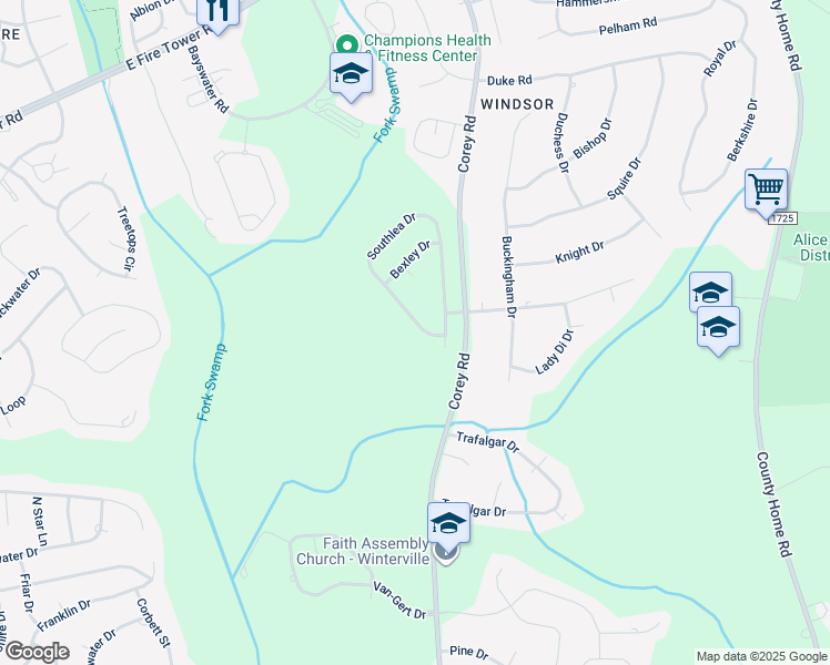 map of restaurants, bars, coffee shops, grocery stores, and more near 4309 Southlea Drive in Winterville