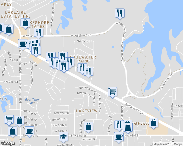 map of restaurants, bars, coffee shops, grocery stores, and more near 4703 Northwest 72nd Street in Oklahoma City