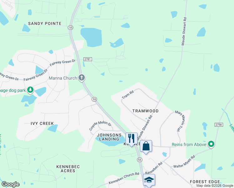 map of restaurants, bars, coffee shops, grocery stores, and more near 2945 Tram Road in Fuquay-Varina