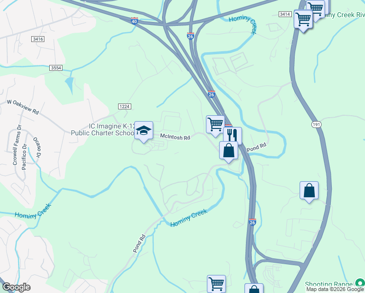 map of restaurants, bars, coffee shops, grocery stores, and more near 45 McIntosh Road in Asheville
