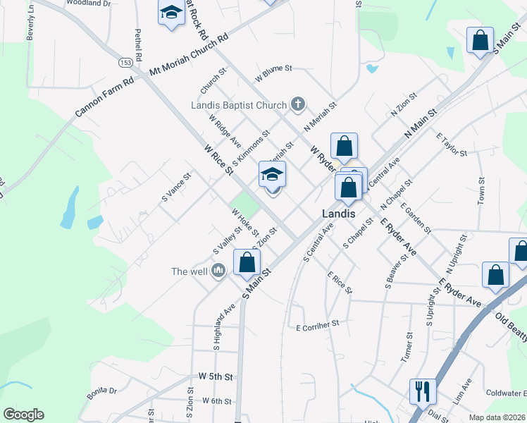 map of restaurants, bars, coffee shops, grocery stores, and more near 214 West Hoke Street in Landis