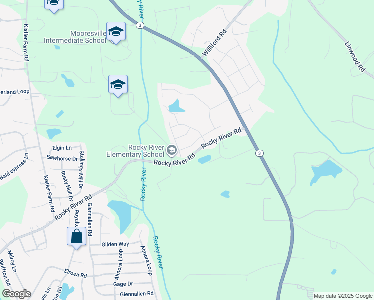 map of restaurants, bars, coffee shops, grocery stores, and more near 123 W Americana Drive in Mooresville