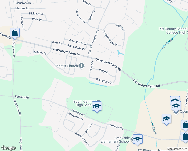 map of restaurants, bars, coffee shops, grocery stores, and more near 2344 Woodridge Drive in Winterville