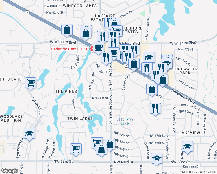 map of restaurants, bars, coffee shops, grocery stores, and more near 7215 North Macarthur Boulevard in Warr Acres