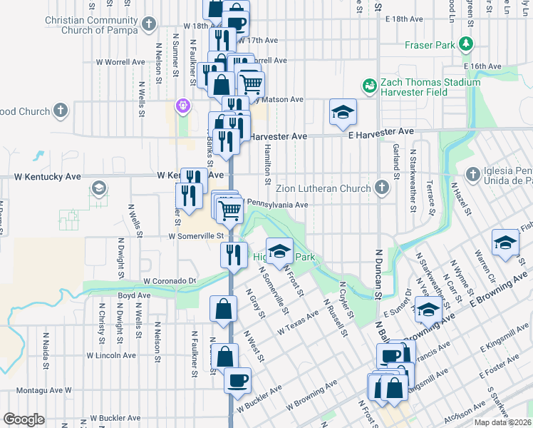 map of restaurants, bars, coffee shops, grocery stores, and more near Hike & Bike Trail in Pampa