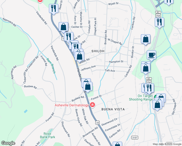 map of restaurants, bars, coffee shops, grocery stores, and more near 2 Grant Avenue in Asheville