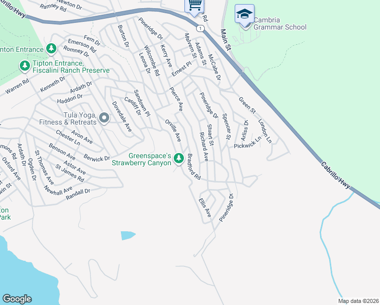 map of restaurants, bars, coffee shops, grocery stores, and more near Bradford Road in Cambria