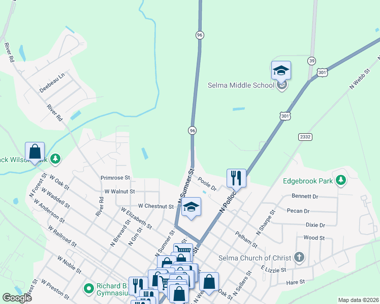 map of restaurants, bars, coffee shops, grocery stores, and more near 805 North Carolina 96 in Selma