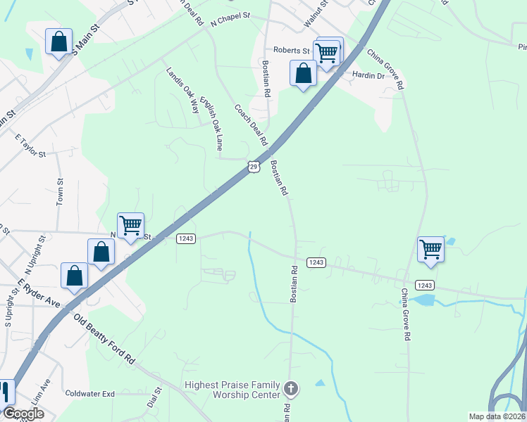 map of restaurants, bars, coffee shops, grocery stores, and more near 1075 Bostian Road in China Grove