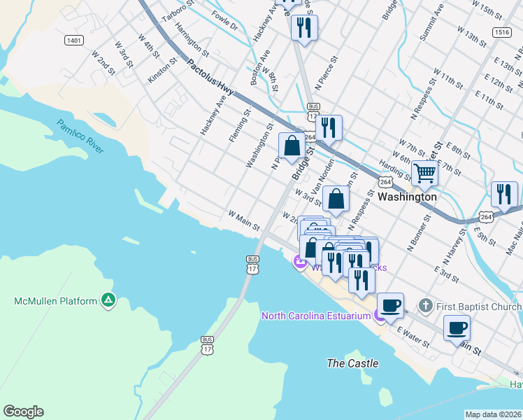 map of restaurants, bars, coffee shops, grocery stores, and more near 120 Bridge Street in Washington