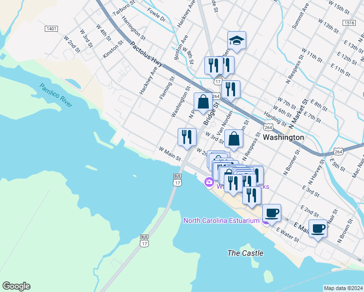 map of restaurants, bars, coffee shops, grocery stores, and more near 120 Bridge Street in Washington