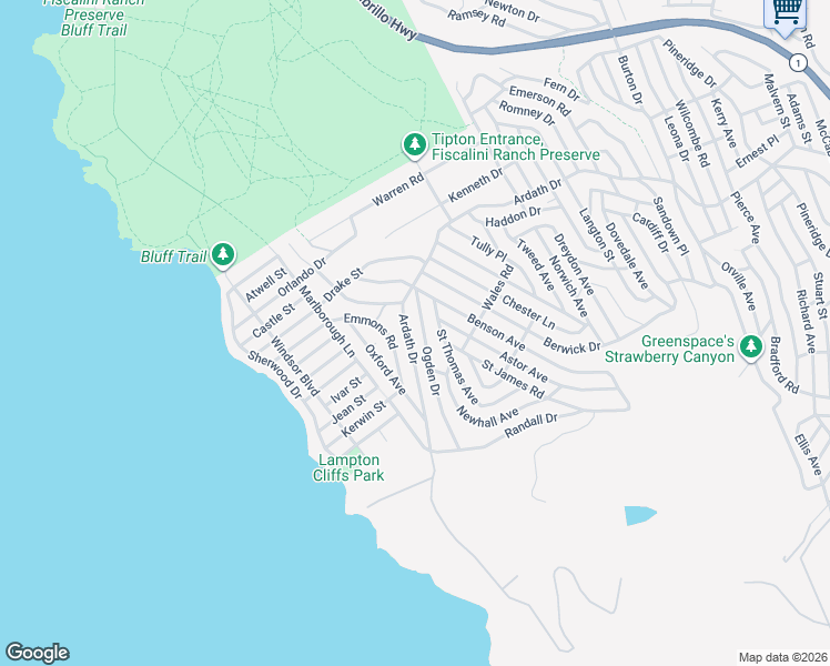 map of restaurants, bars, coffee shops, grocery stores, and more near 740 Ardath Drive in Cambria