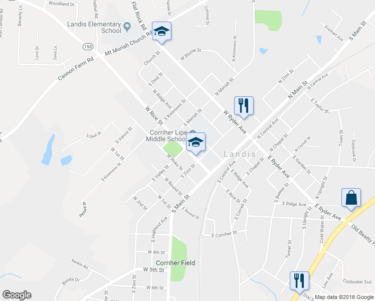 map of restaurants, bars, coffee shops, grocery stores, and more near 217 West Rice Street in Landis