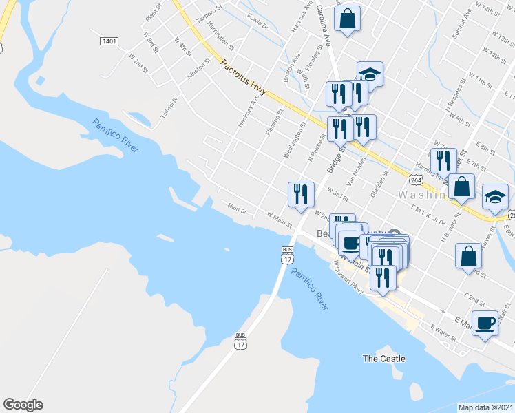 map of restaurants, bars, coffee shops, grocery stores, and more near 699 W Main St in Washington