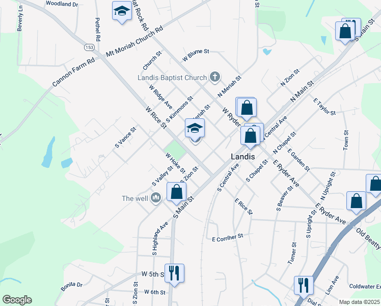 map of restaurants, bars, coffee shops, grocery stores, and more near 217 West Rice Street in Landis