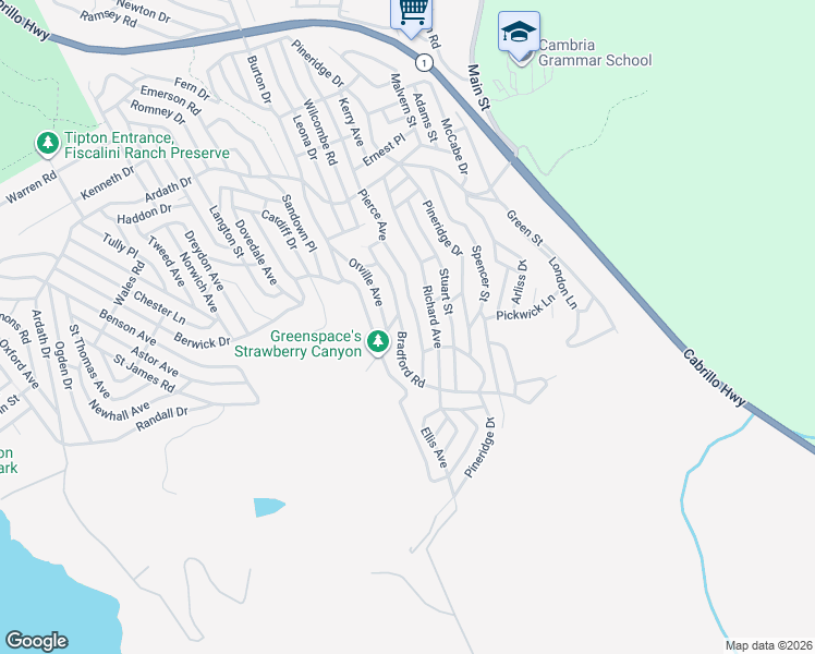 map of restaurants, bars, coffee shops, grocery stores, and more near 1603 Pierce Avenue in Cambria