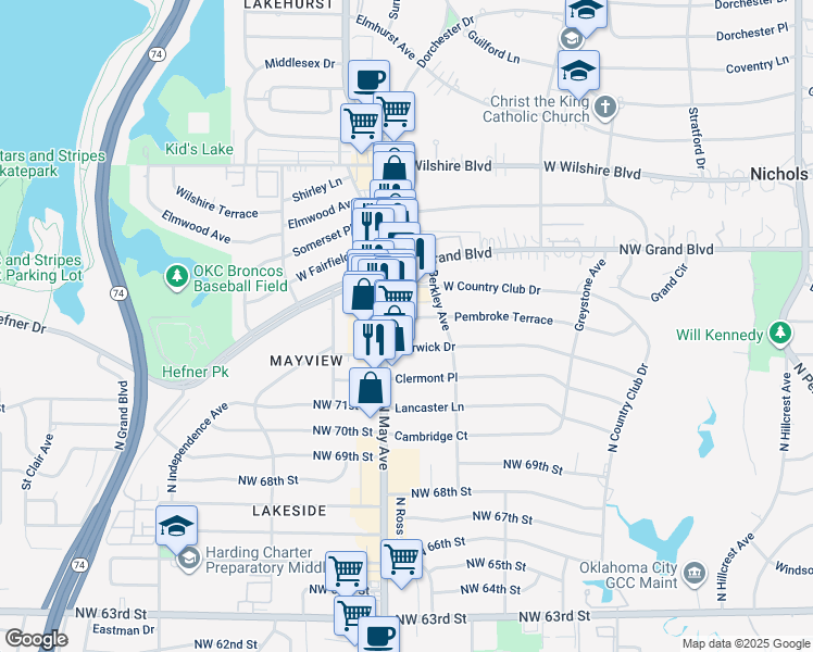 map of restaurants, bars, coffee shops, grocery stores, and more near 2819 Warwick Drive in Oklahoma City