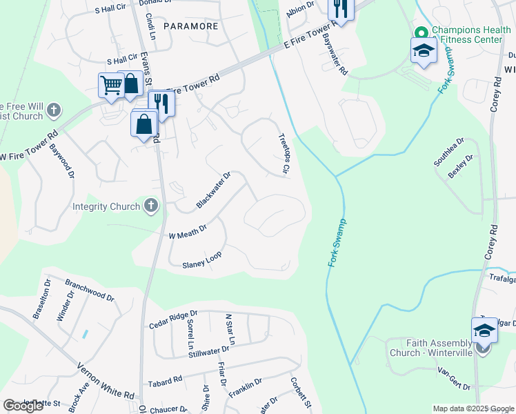map of restaurants, bars, coffee shops, grocery stores, and more near 4532 Lagan Circle in Winterville