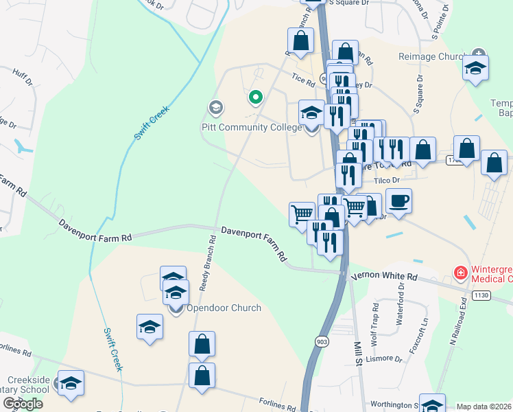 map of restaurants, bars, coffee shops, grocery stores, and more near 4421 Reedy Branch Road in Winterville