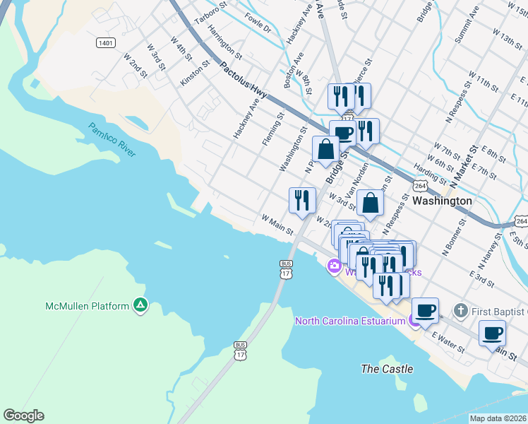 map of restaurants, bars, coffee shops, grocery stores, and more near 601-699 W Main St in Washington