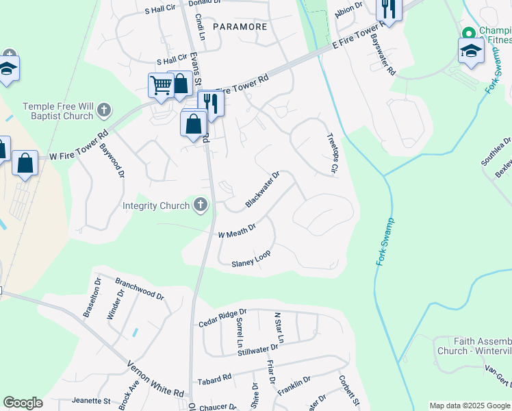 map of restaurants, bars, coffee shops, grocery stores, and more near 136 Blackwater Drive in Winterville