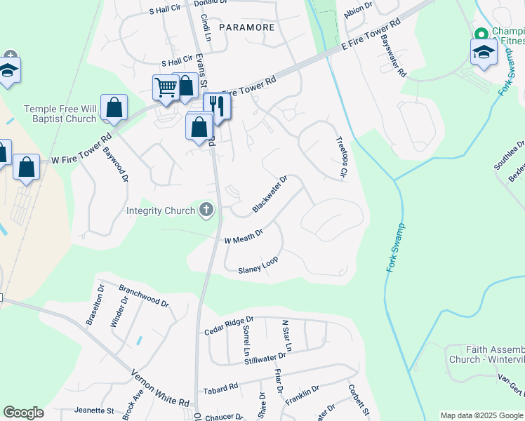 map of restaurants, bars, coffee shops, grocery stores, and more near 136 Blackwater Drive in Winterville