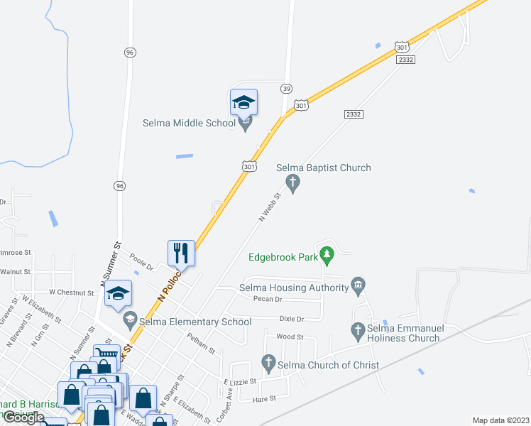 map of restaurants, bars, coffee shops, grocery stores, and more near North Webb Street in Selma