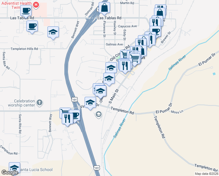 map of restaurants, bars, coffee shops, grocery stores, and more near 925 Old County Road in Templeton